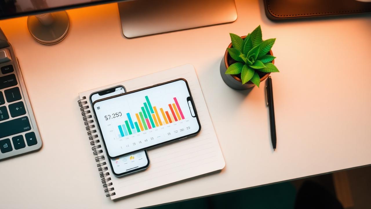 Smartphone and laptop showing social media pricing tables and growth analytics on a desk
