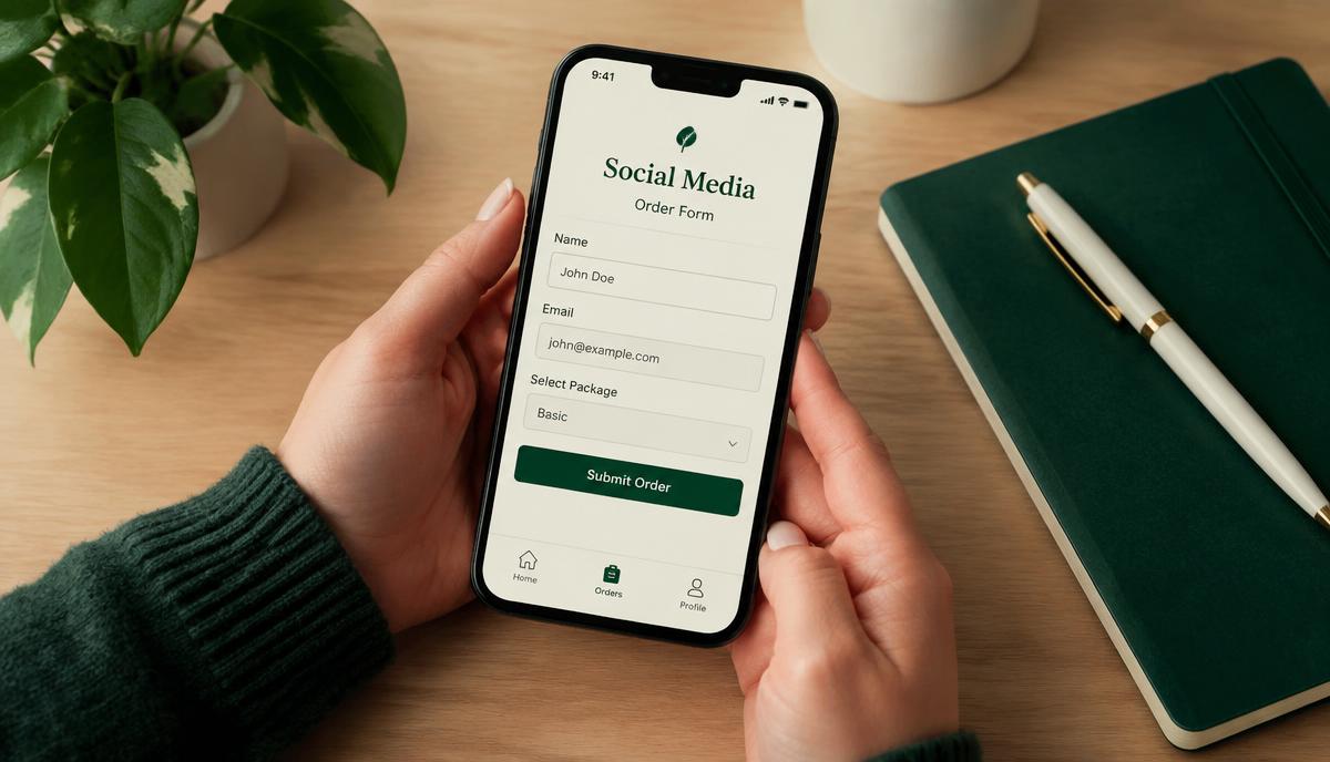 Hands holding a phone showing a simple social media order form with a price per 1000