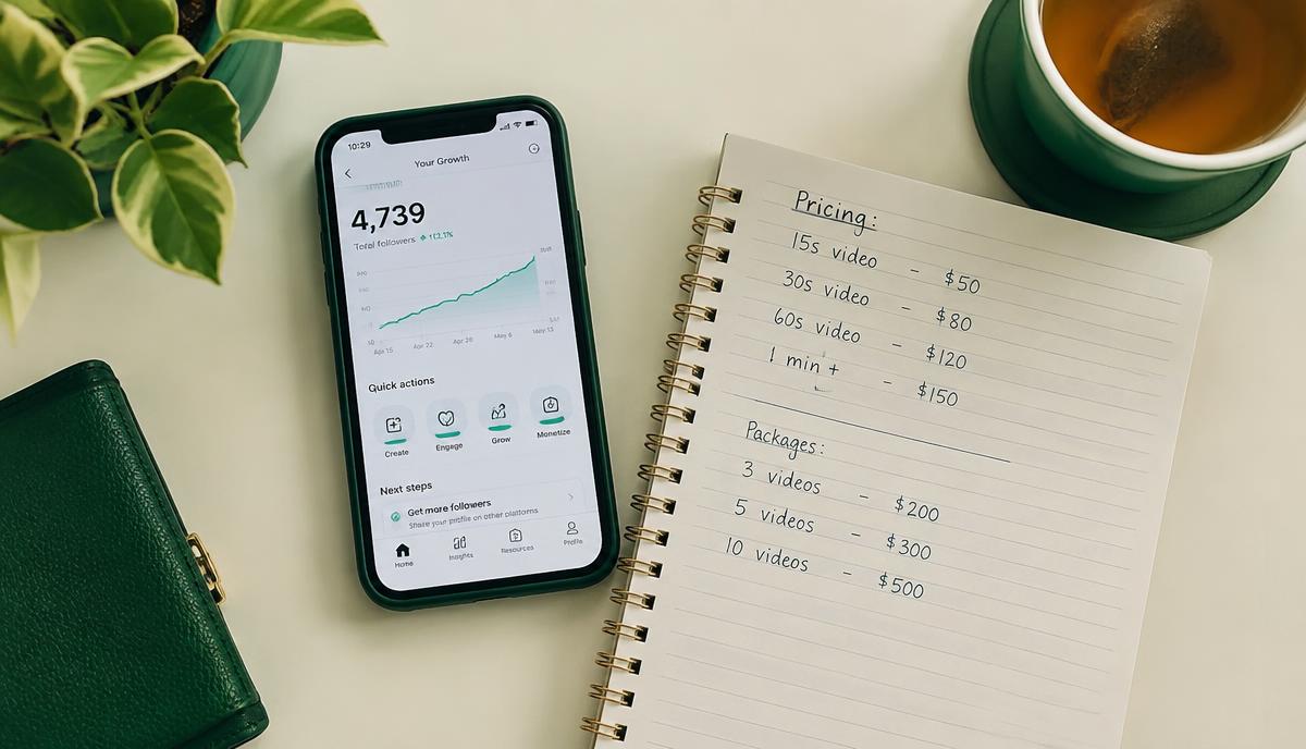 Phone showing a social media growth panel next to a notebook of pricing figures