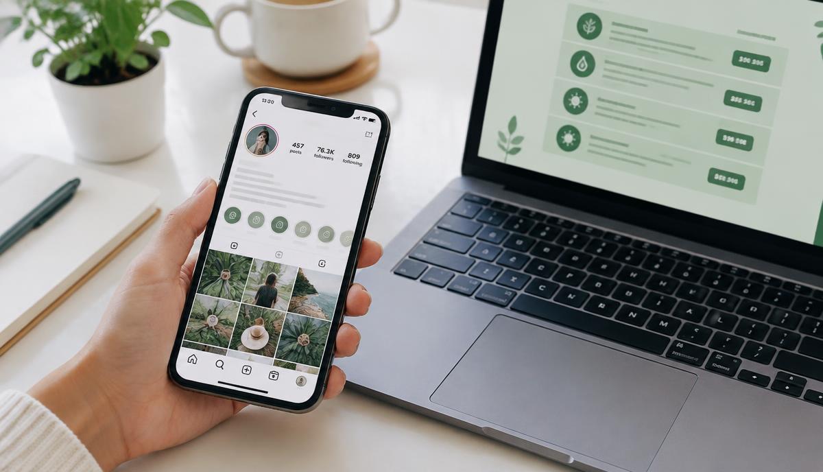 Phone showing an Instagram profile with rising followers beside a laptop displaying panel service rates