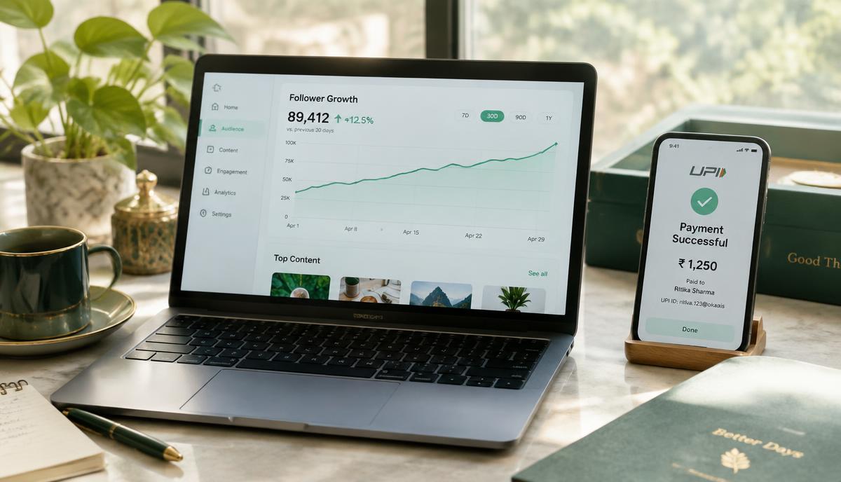 Desk with a laptop showing follower growth charts and a phone with a UPI payment screen