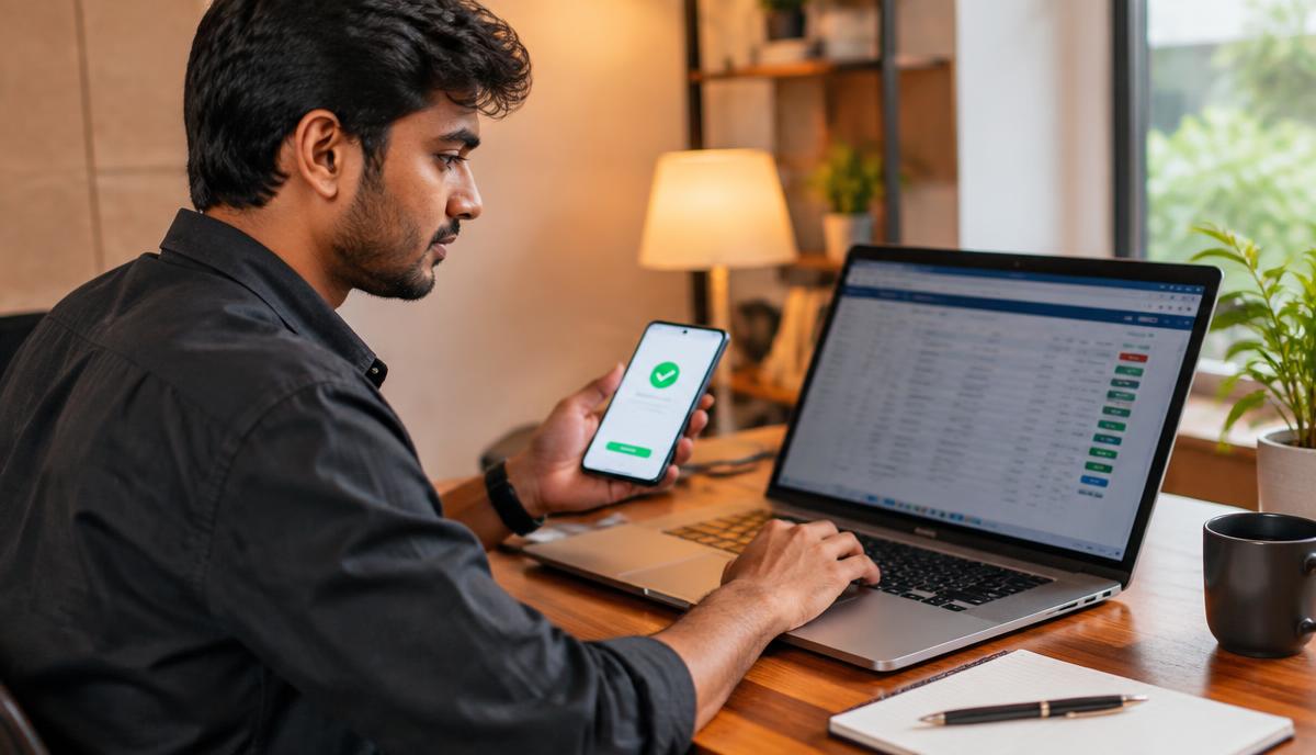 Indian reseller reviewing SMM panel service rates on a laptop with a phone showing a UPI payment