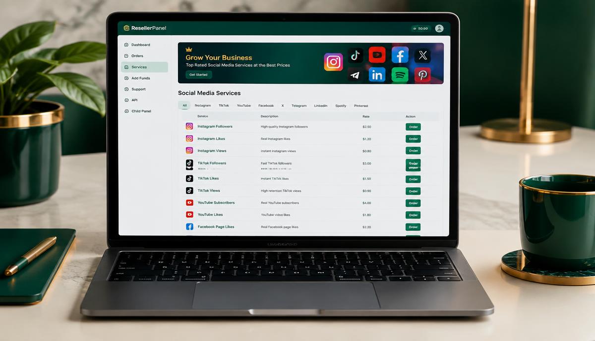 Laptop displaying an international SMM panel dashboard with service pricing