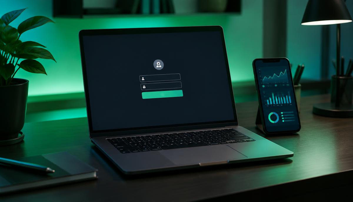 Desk setup with a laptop showing an SMM panel login screen and a phone displaying social analytics