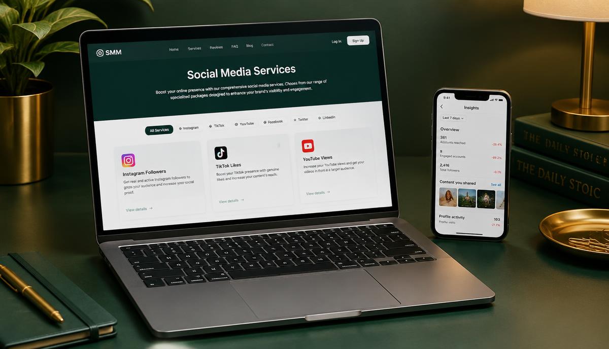 Laptop showing an SMM panel service catalogue beside a phone with social metrics