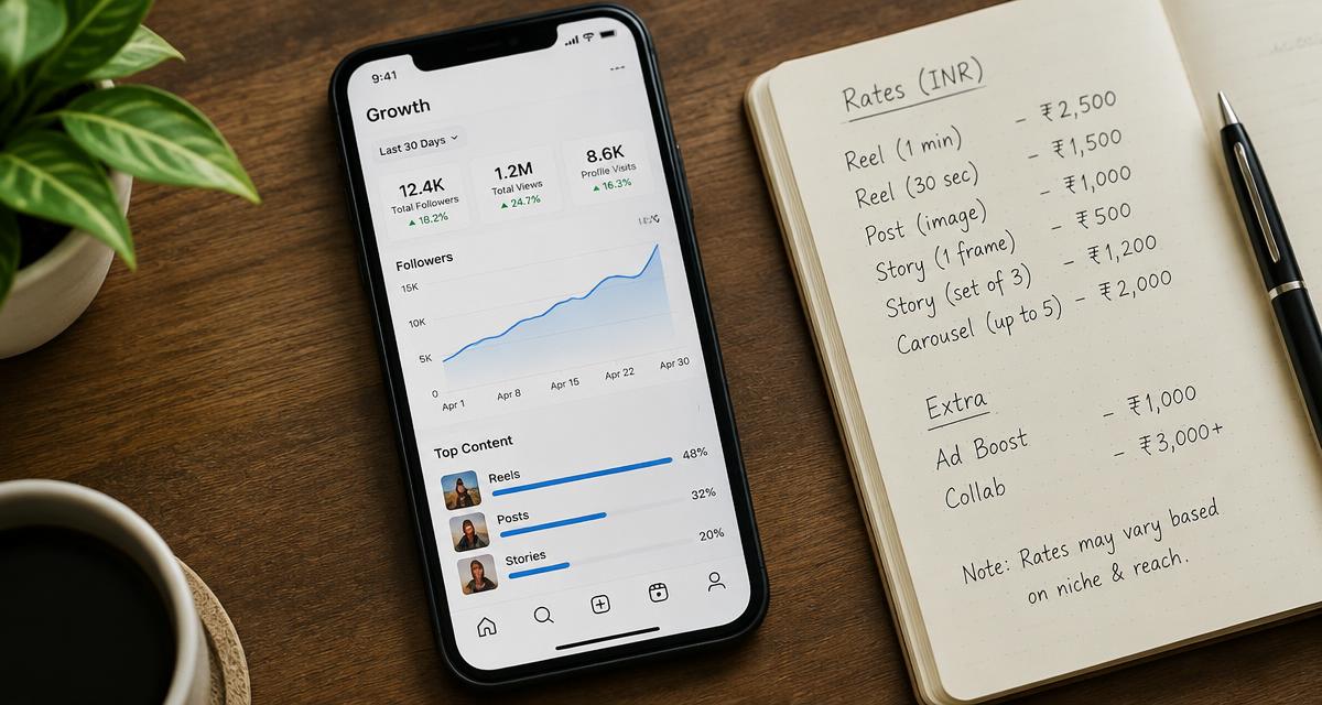 Phone screen showing Instagram growth charts beside a notebook with panel rates written in rupees