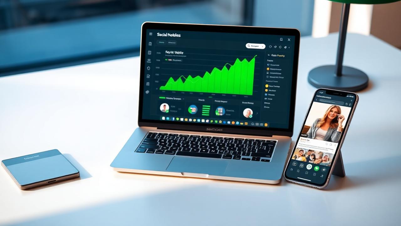 Analytics dashboard on a laptop showing rising Instagram follower growth charts next to a smartphone
