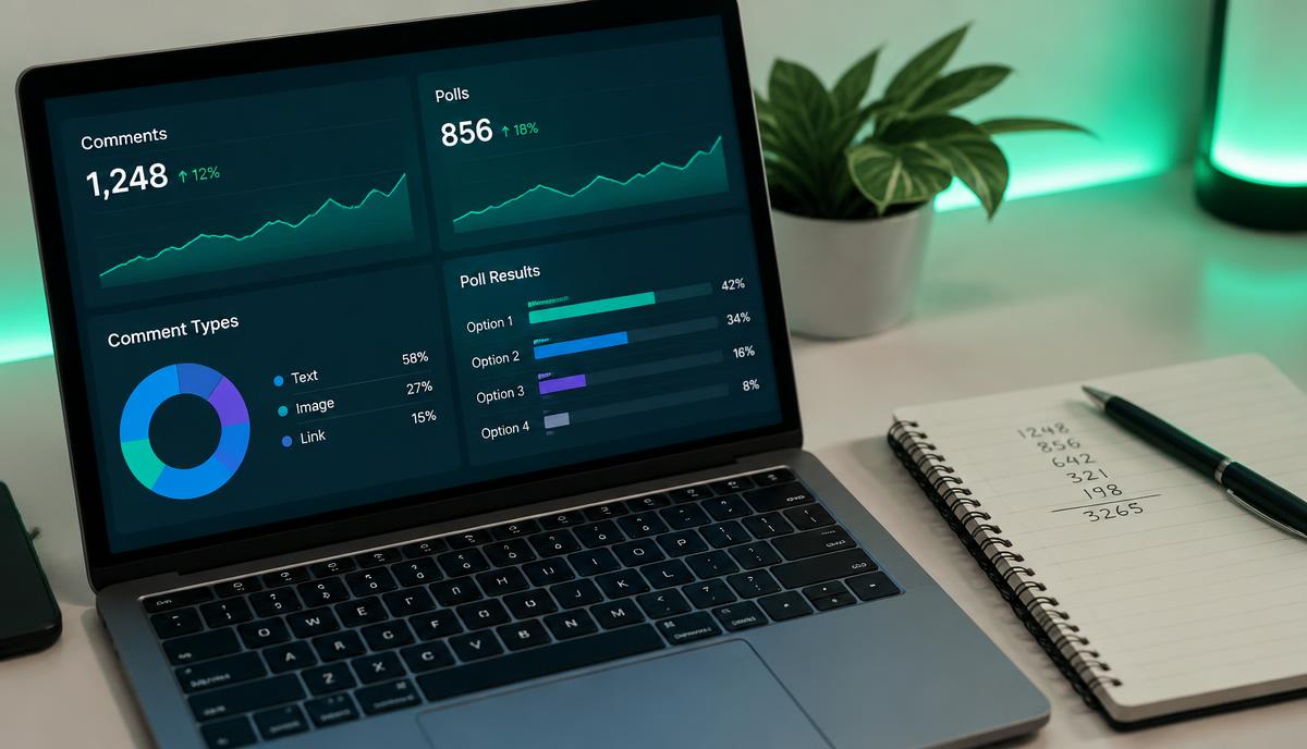 Laptop screen showing Instagram comment and poll engagement metrics next to a notebook of rates