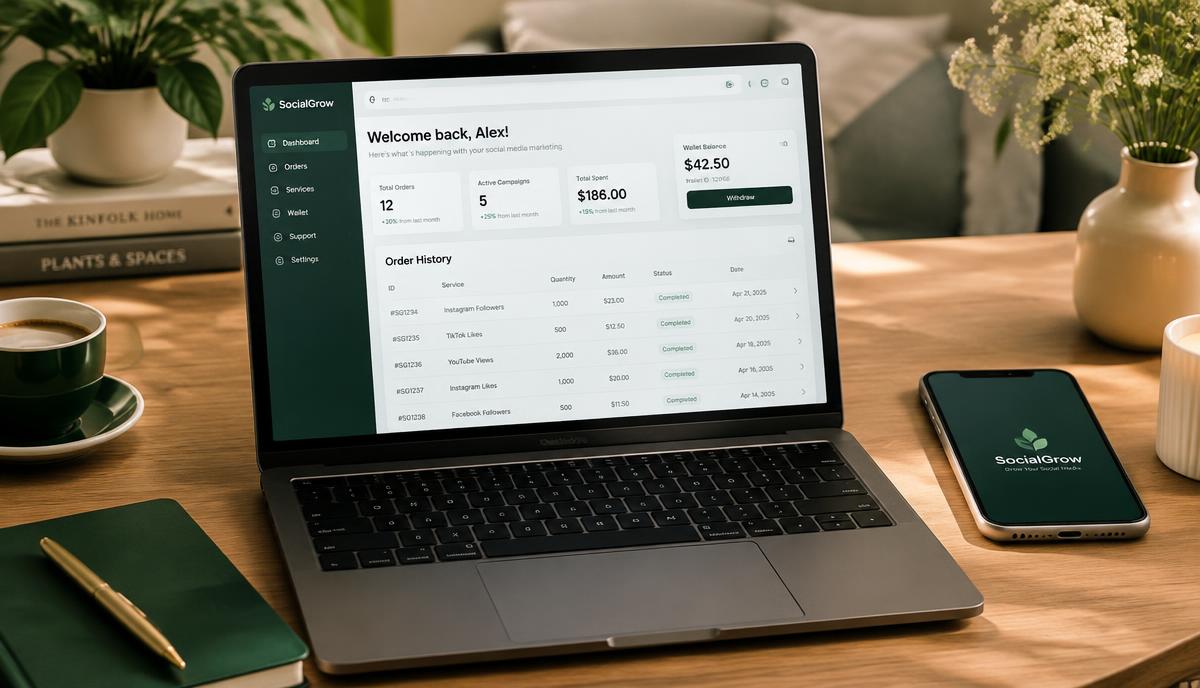 Laptop on a desk showing an SMM panel dashboard with order history and a wallet balance